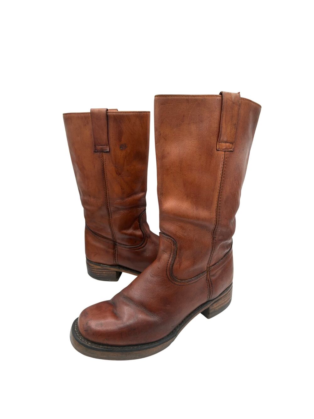 FRYE LIKE Vtg 70s Campus Boots W 10.5 / M 9 Brown Square Toe Distressed Cognac
